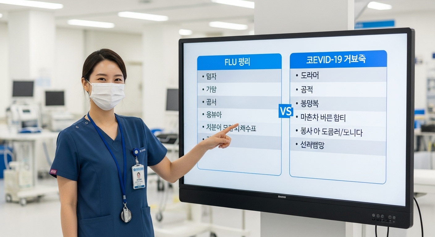 한국 의료진이 병원에서 디지털 화면을 통해 독감과 코로나19의 증상 차이를 설명하는 모습
