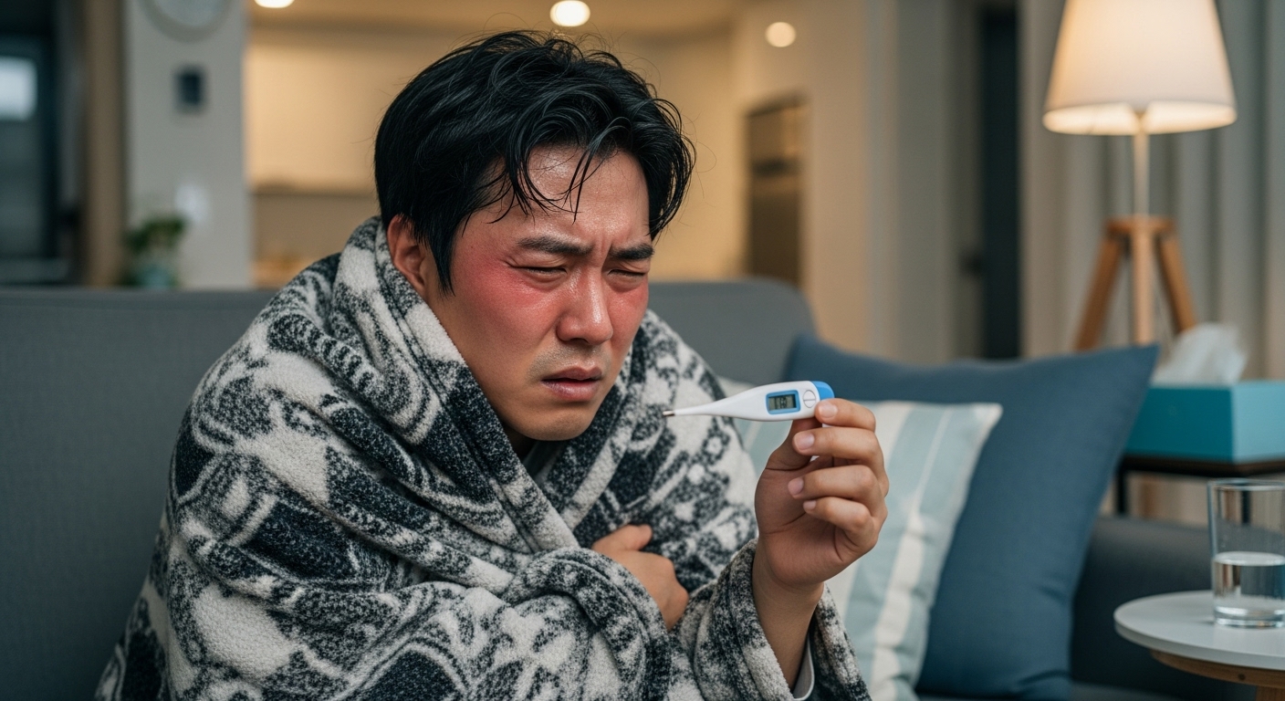 집에서 갑작스럽게 고열과 오한을 겪고 있는 한국 남성이 소파에 담요를 두르고 체온계를 들고 있는 모습