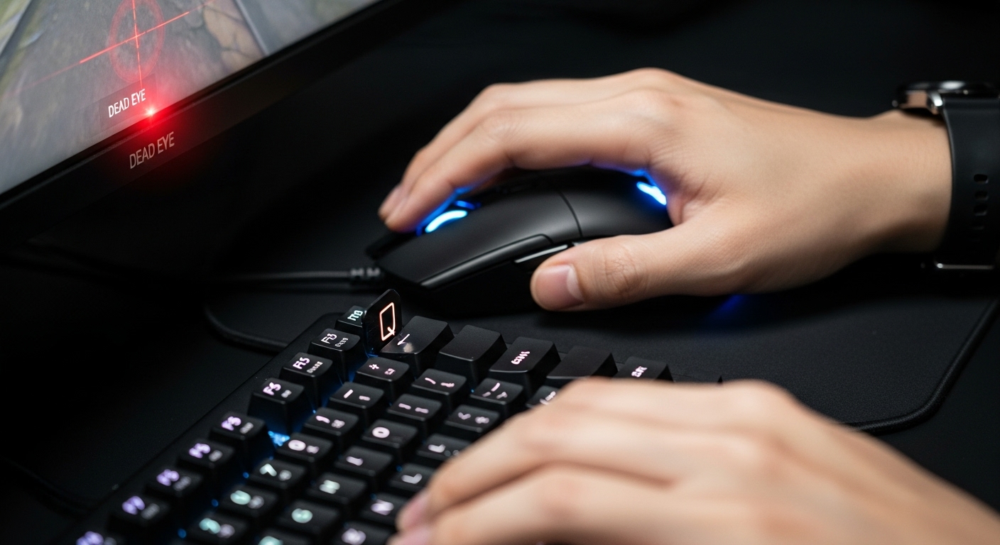 키보드와 마우스로 PC 게임에 집중하는 게이머의 손 클로즈업