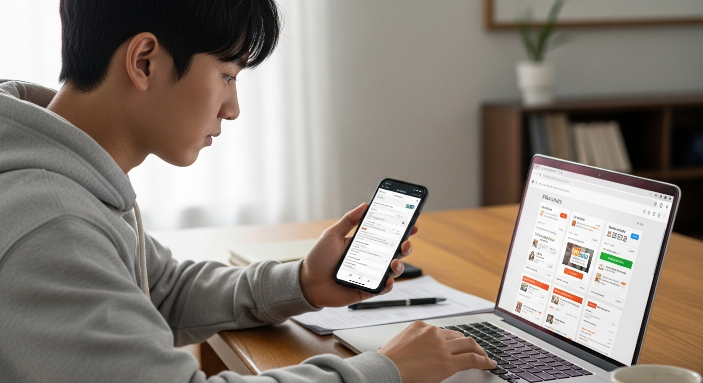젊은 남성이 노트북과 스마트폰을 사용하여 여러 플랫폼에서 할인코드를 검색하는 모습