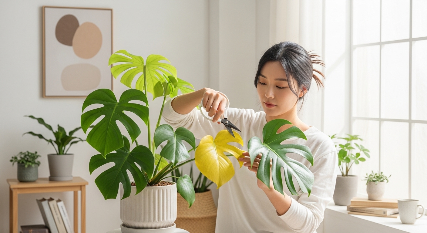 젊은 여성이 실내에서 몬스테라 식물을 다듬고 있는 모습