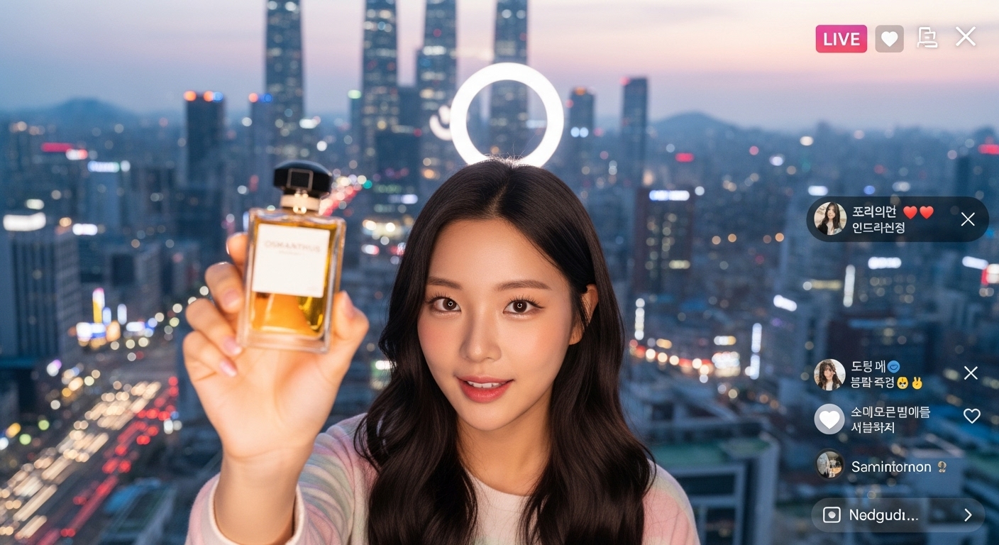 인스타그램 라이브로 금목서 향수를 소개하는 젊은 인플루언서