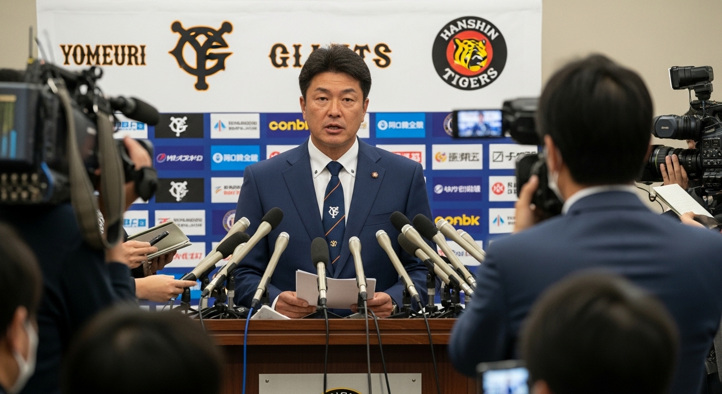기자회견에서 발표하는 일본 야구 감독의 모습