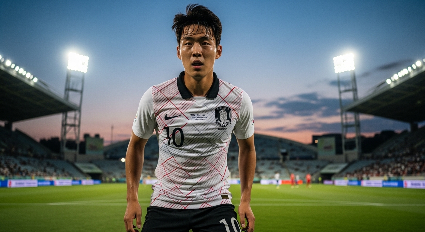 국대 유니폼을 입고 경기장에서 먼 곳을 바라보는 결연한 표정의 한국 축구선수