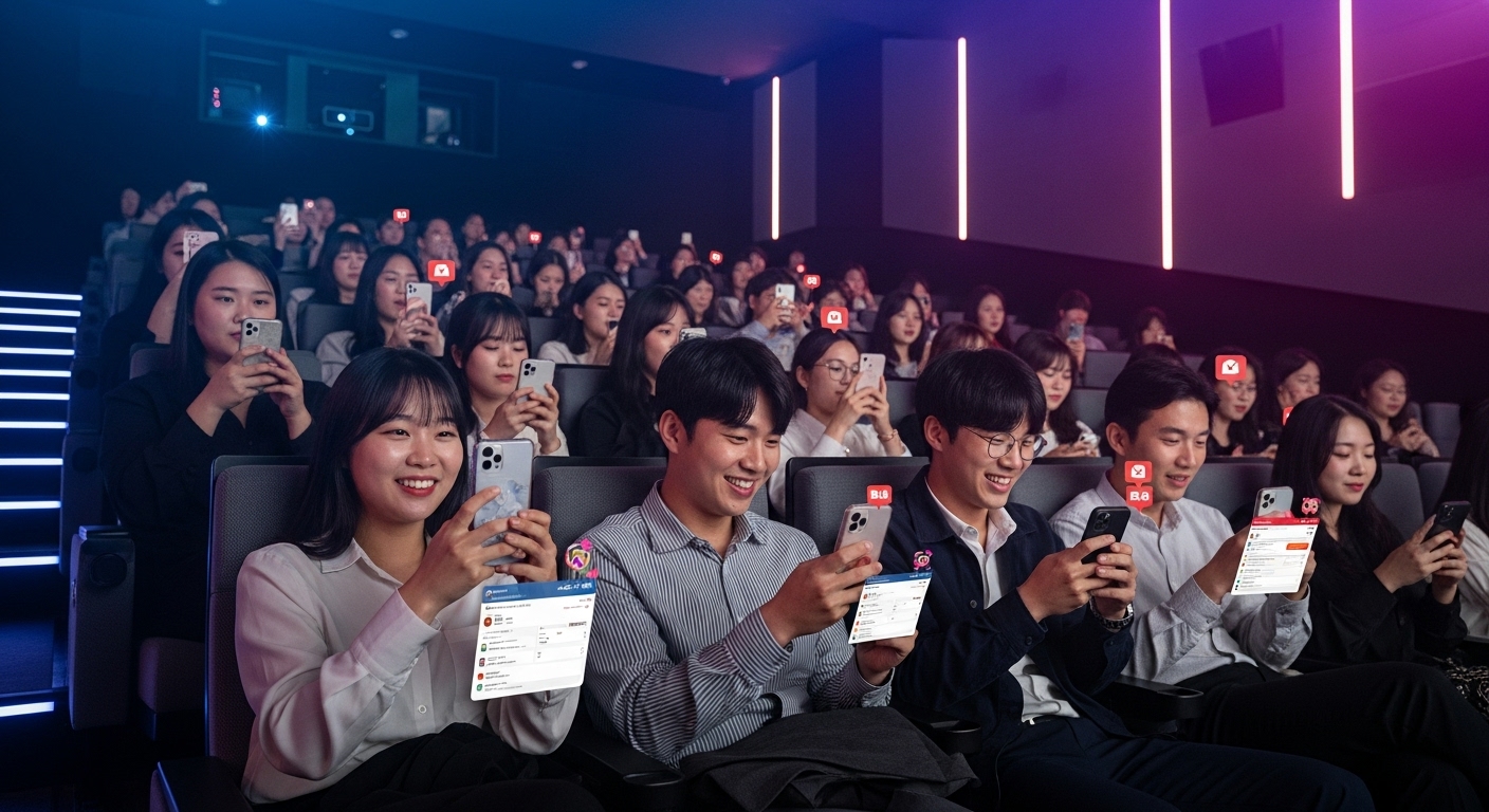 젊은 세대가 극장에서 혁신적인 문화 콘텐츠를 즐기며 SNS로 활발히 소통하는 모습