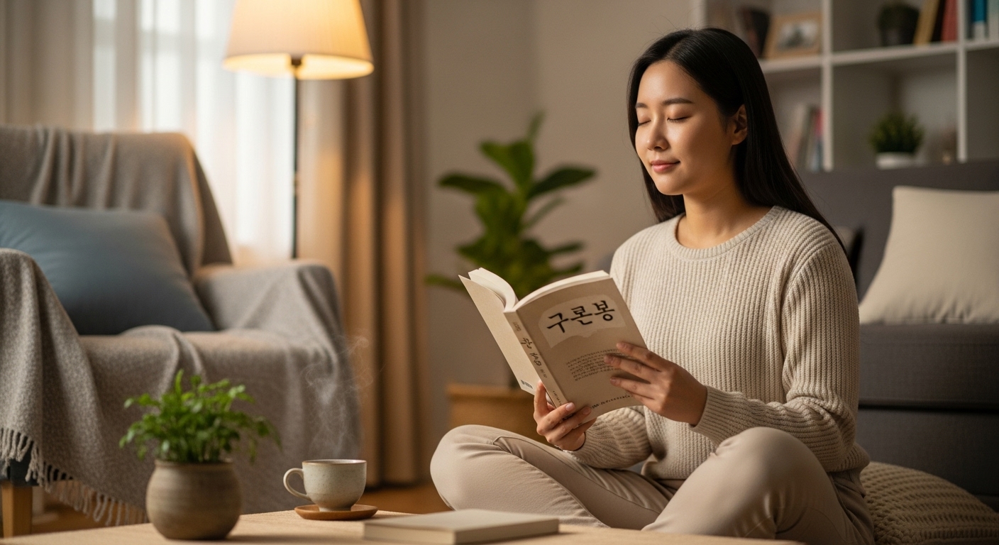 편안한 집 안에서 구운몽을 읽으며 마음 챙김 명상을 하는 젊은 여성