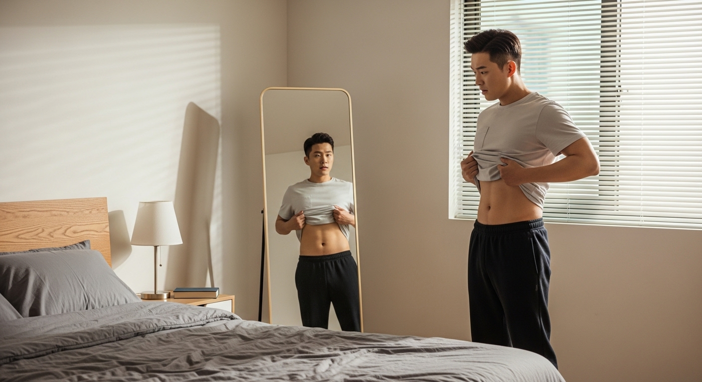 식욕은 좋지만 체중이 줄어드는 것을 거울로 확인하는 남성