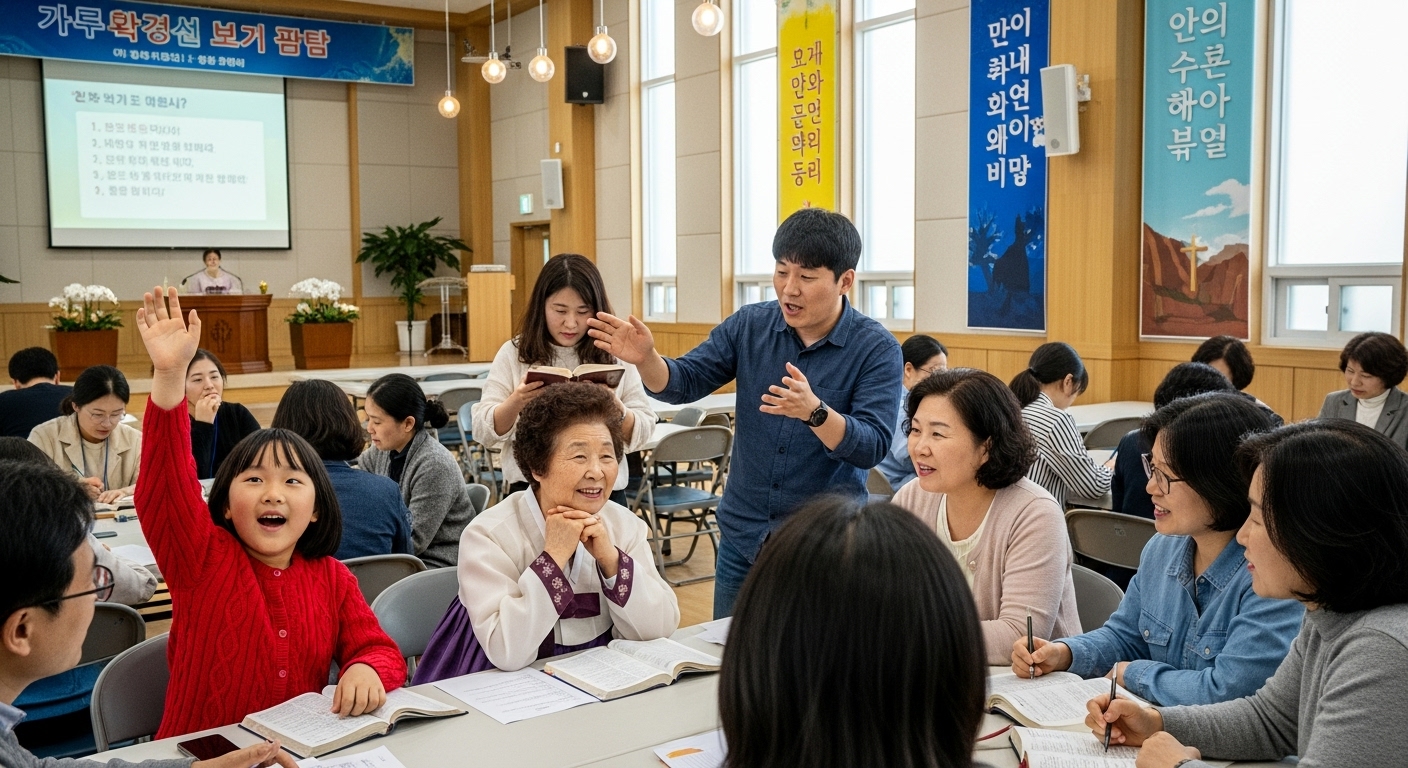 다양한 연령층의 사람들이 교회 홀에서 성경 퀴즈에 참여하는 장면