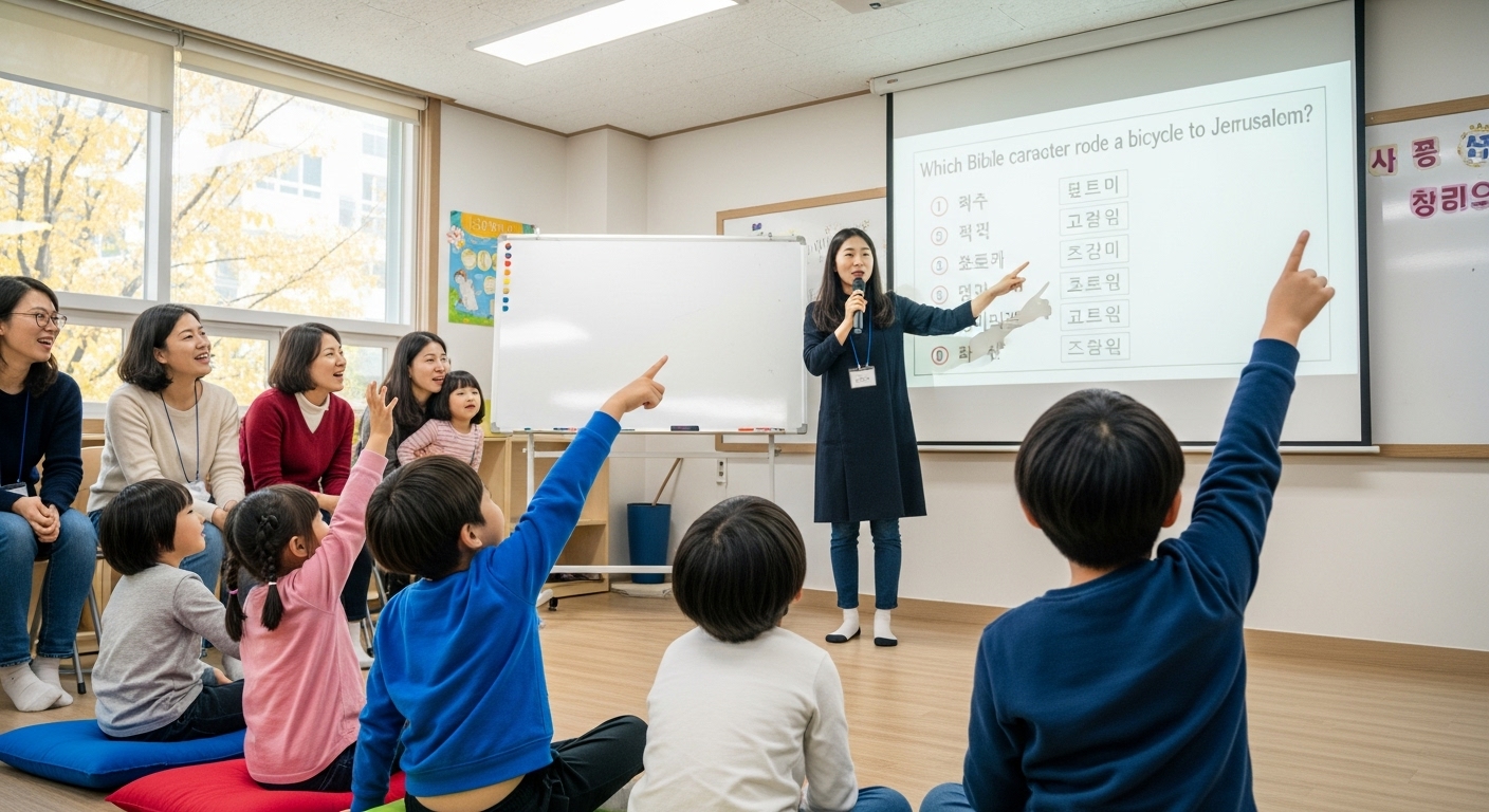 주일학교 시간에 부모와 아이들이 함께 성경 넌센스 퀴즈를 즐기는 장면