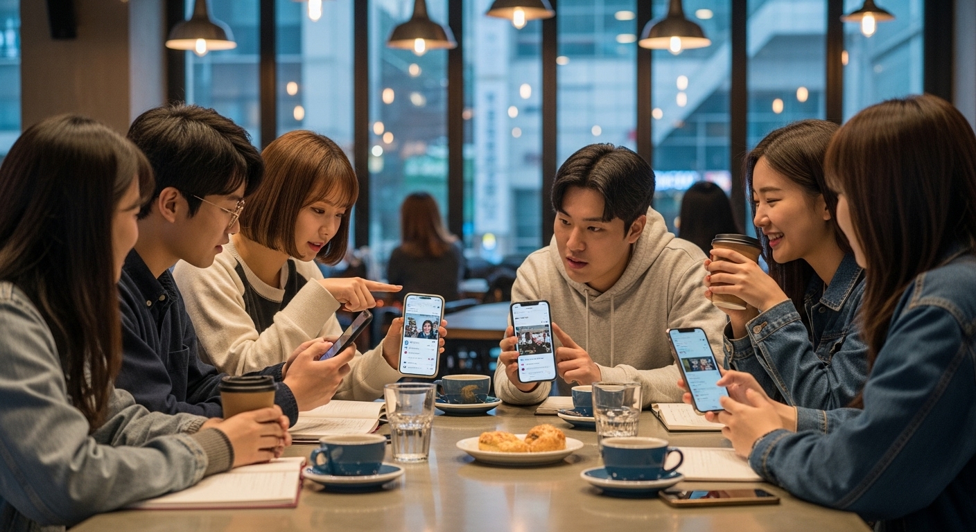 현대적인 카페에서 스마트폰으로 트렌드를 논의하는 젊은이들의 모습