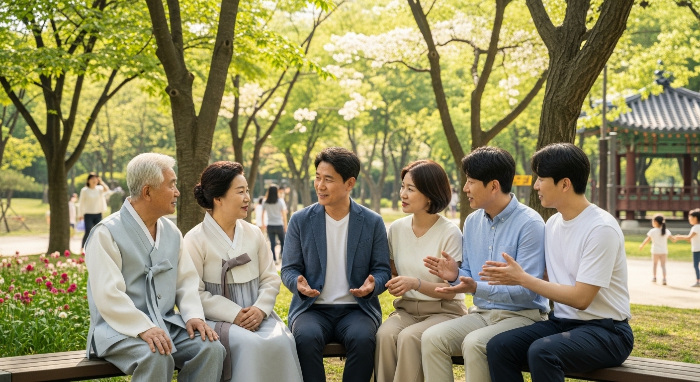 공원에서 다양한 세대의 한국인들이 깊이 있는 대화를 나누는 장면