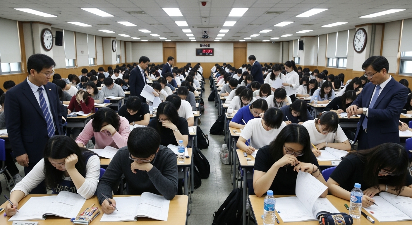 한국 학생들이 시험지에 집중하고 있는 혼잡한 시험장