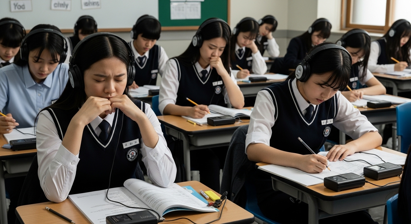이어폰을 끼고 영어 듣기 평가를 보는 학생들의 모습