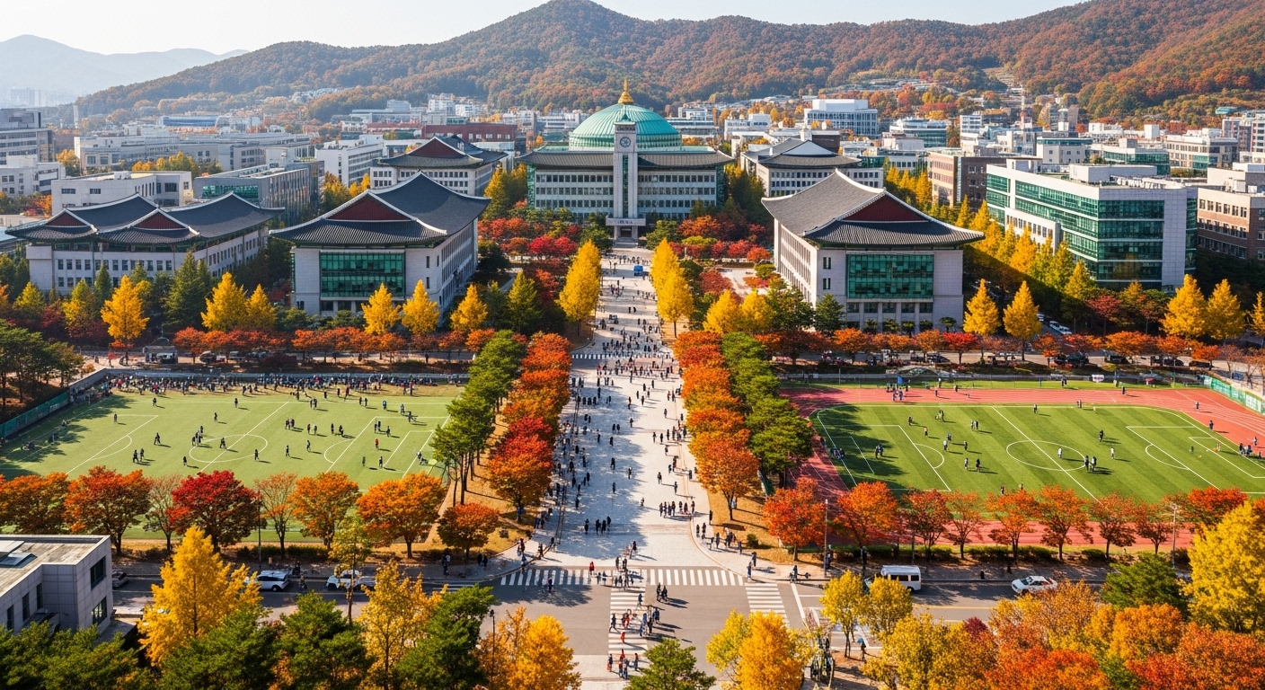 가을 풍경 속 서울대학교 캠퍼스와 활발한 학생들 활동 장면