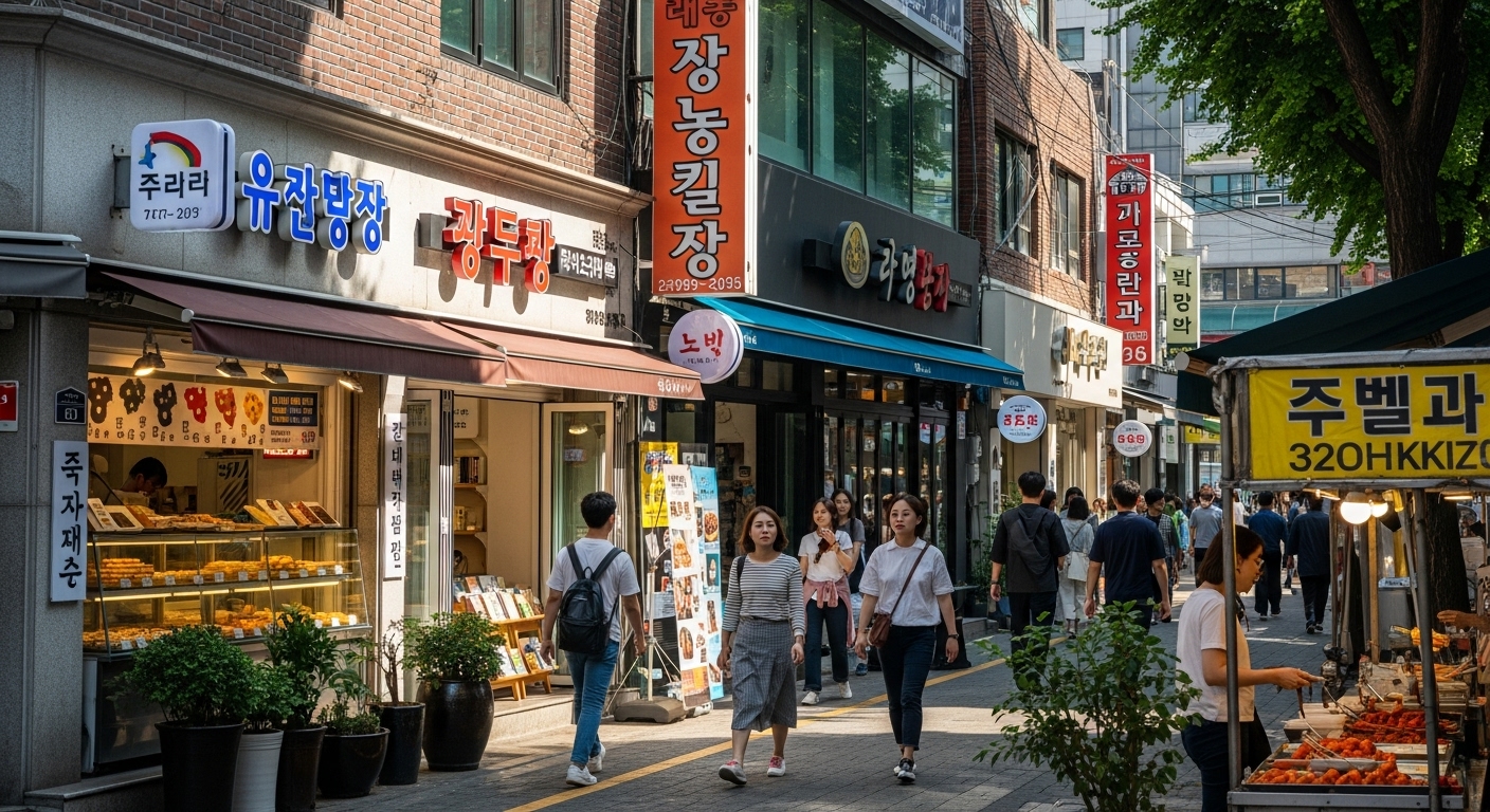 서울의 거리에서 사람들이 분주히 오가는 소규모 상점과 카페가 있는 장면