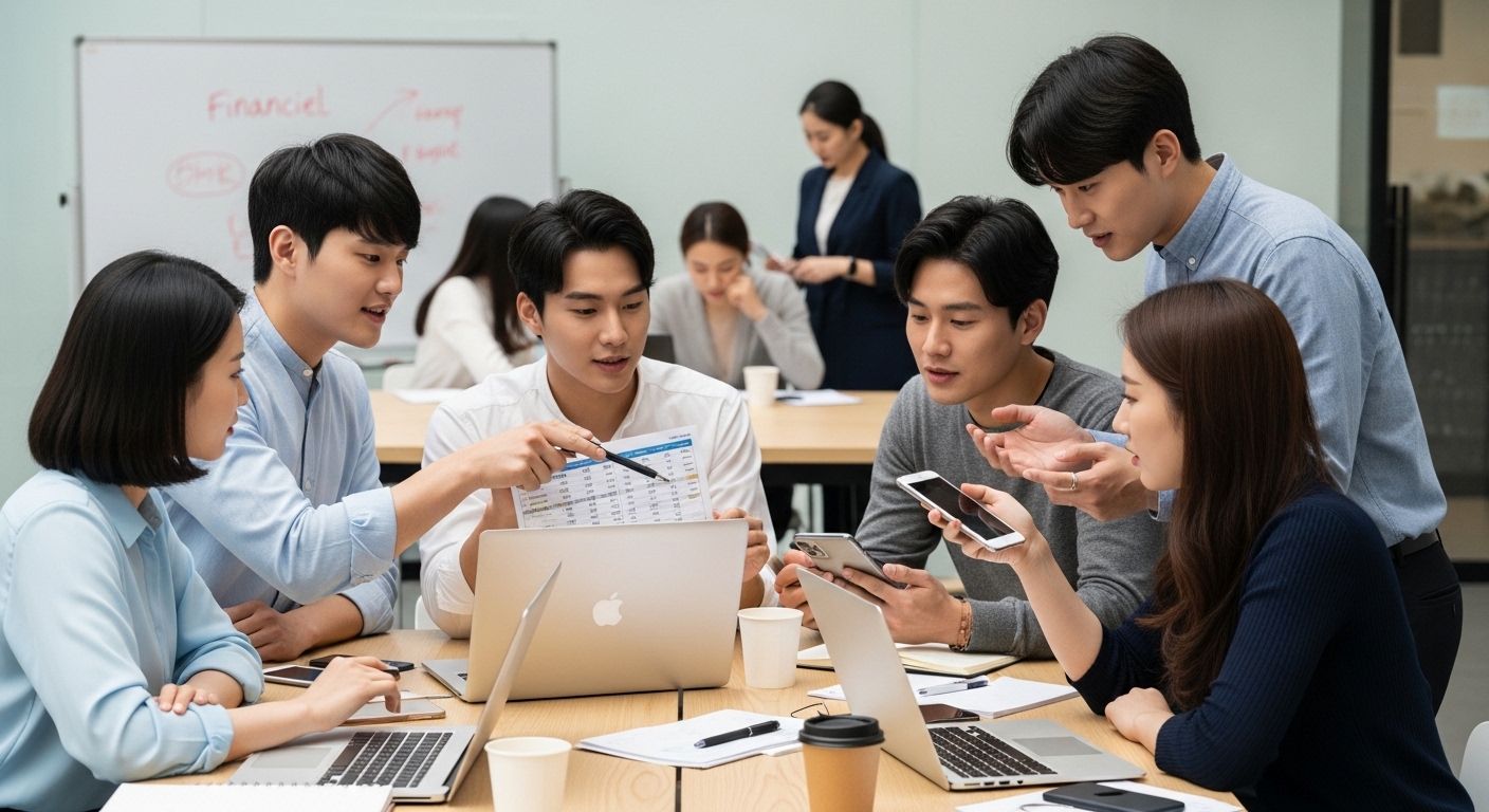젊은 성인들이 모여 금융 투자 옵션에 대해 열정적으로 논의하는 모습