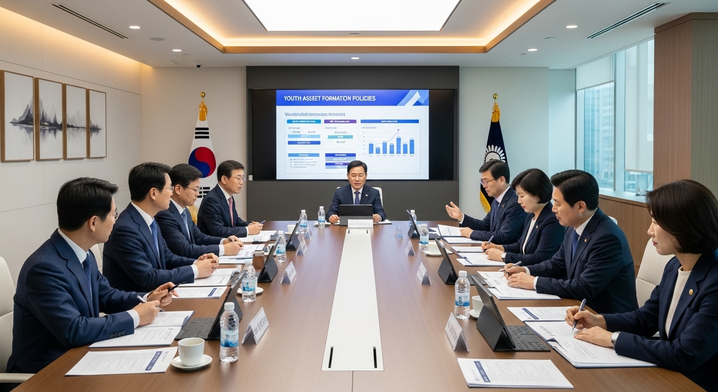 한국의 현대적인 정부 회의실에서 정책 문서를 놓고 토론하는 모습