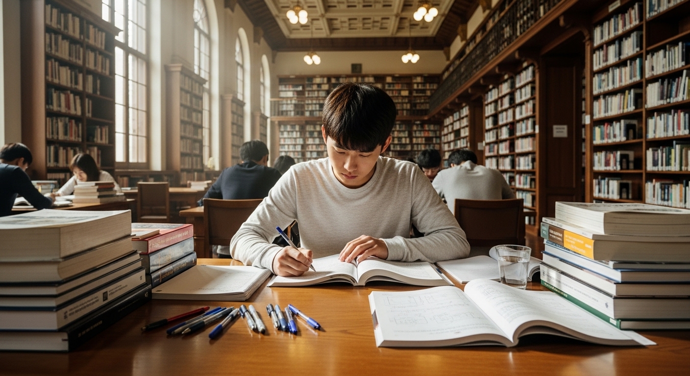 명문 고등학교 도서관에서 집중적으로 공부하는 젊은 남성