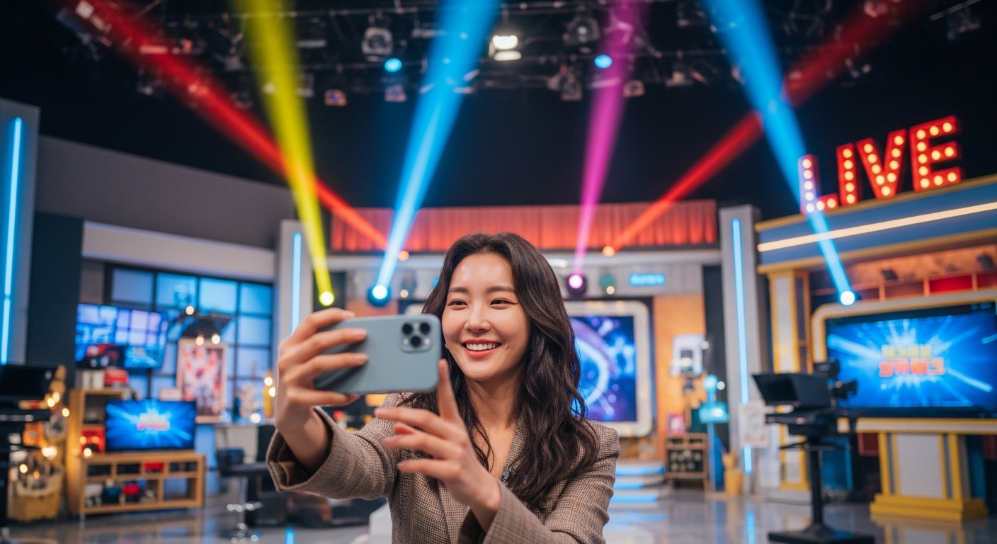밝은 미소를 지닌 여성이 인기 TV 프로그램 세트장에서 스마트폰으로 자신을 촬영하는 모습