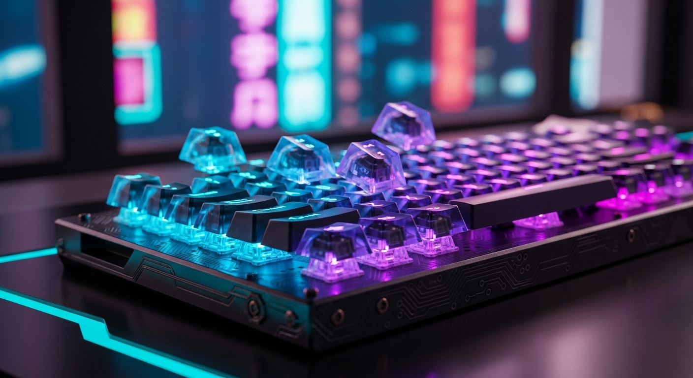 어두운 방에서 반투명 키캡과 RGB 조명이 돋보이는 미래지향적 기계식 키보드