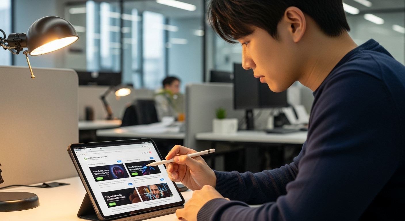 사무실 환경에서 태블릿으로 무료 온라인 음악 추출 도구를 비교하는 젊은 한국인