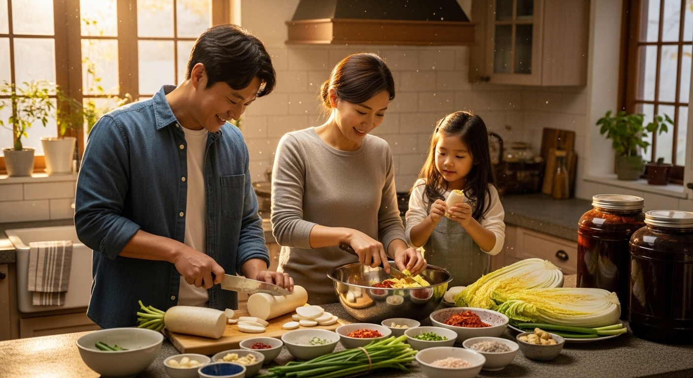 가족이 따뜻한 가을 햇살 아래 부엌에서 신선한 무와 양념으로 김치를 담그는 모습