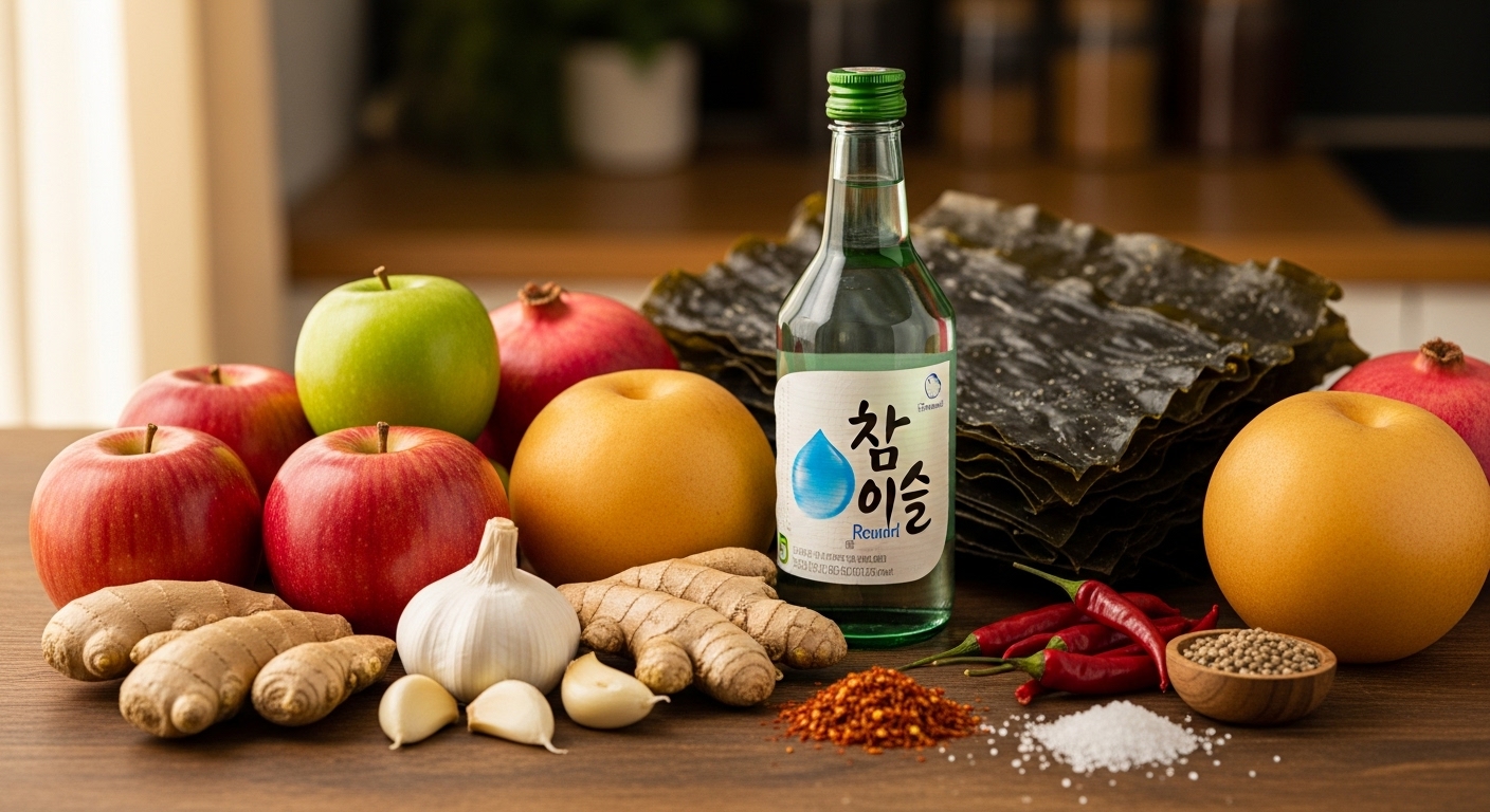 주방 카운터에 놓인 소주병과 건다시마, 사과와 배 등의 신선한 재료들