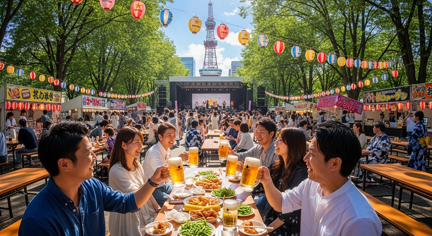 오도리 공원에서 맥주 축제를 즐기는 사람들의 활기찬 모습