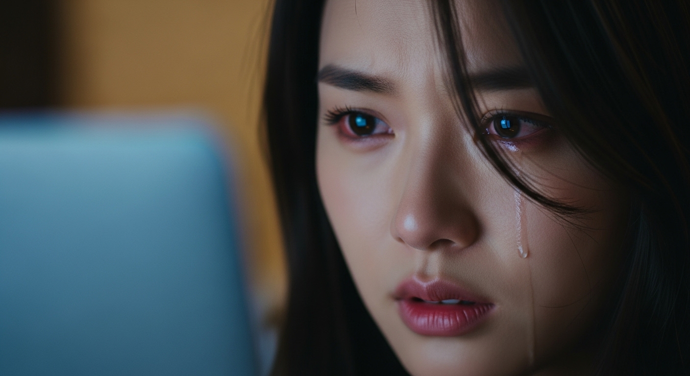 젊은 여성이 노트북으로 감정적으로 몰입하여 로맨스를 읽는 모습