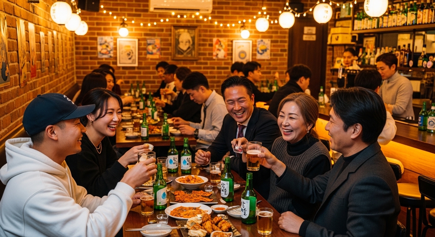 다양한 연령대의 사람들이 모여 따뜻한 분위기 속에서 술을 나누는 한국 바