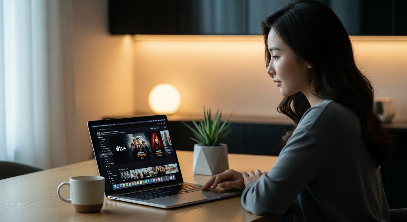 Apple TV+ 인터페이스가 보이는 노트북 앞에 앉아있는 여성