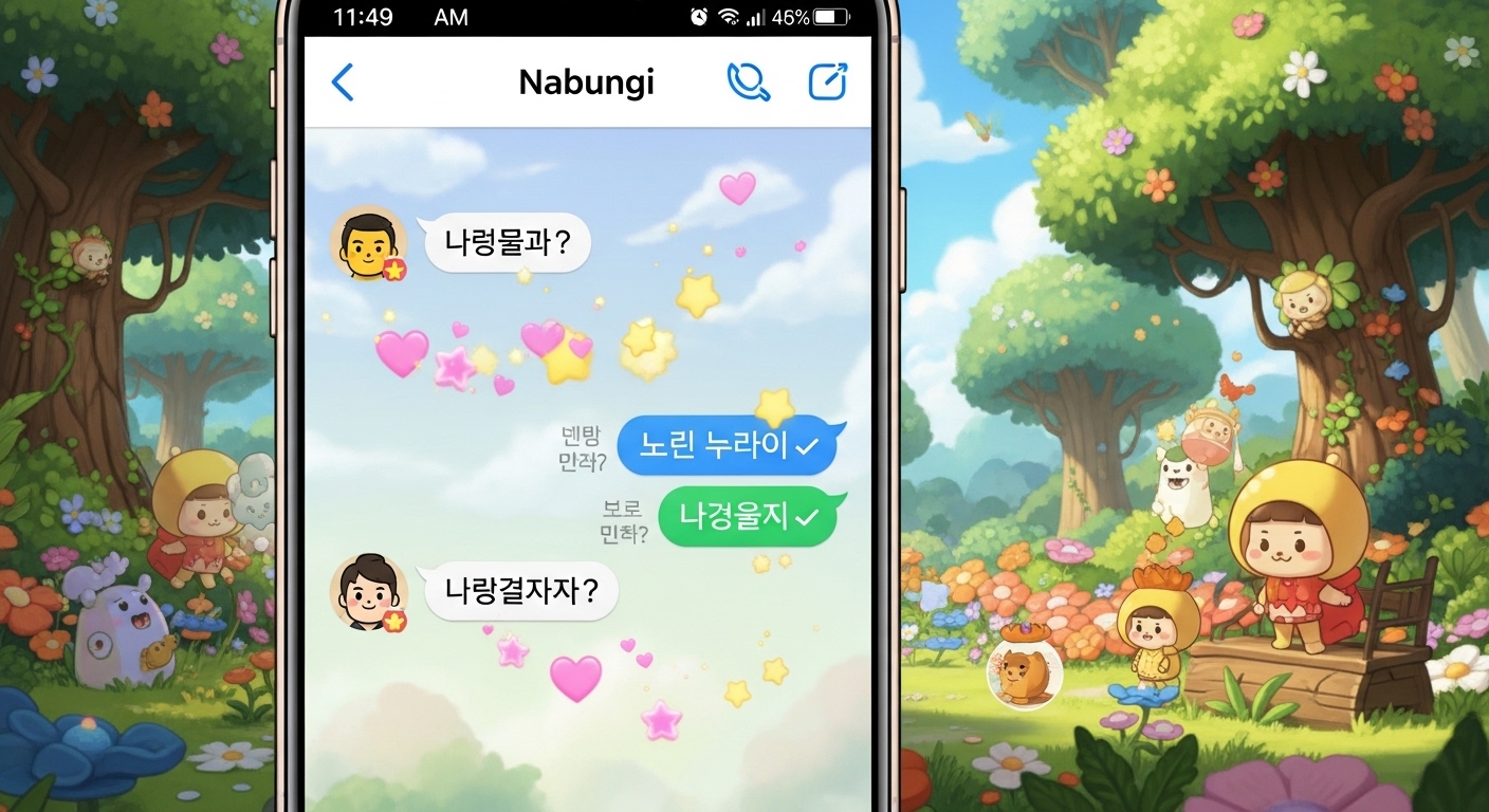 스마트폰 화면에 보이는 나붕이 테마의 카카오톡 인터페이스