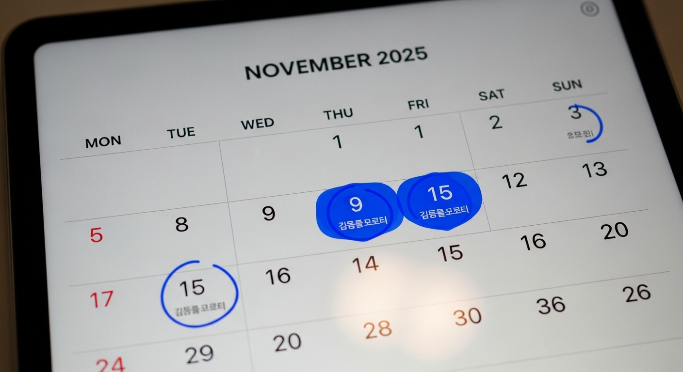 2025년 11월 김동률 콘서트 날짜가 표시된 디지털 캘린더