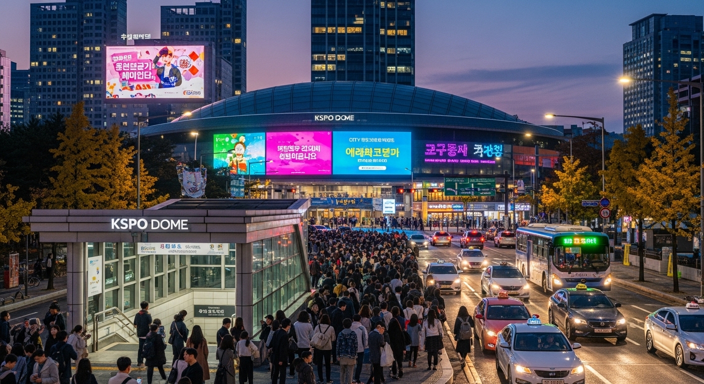 서울 올림픽공원 내 KSPO DOME 입구와 대중교통을 이용하는 사람들 모습