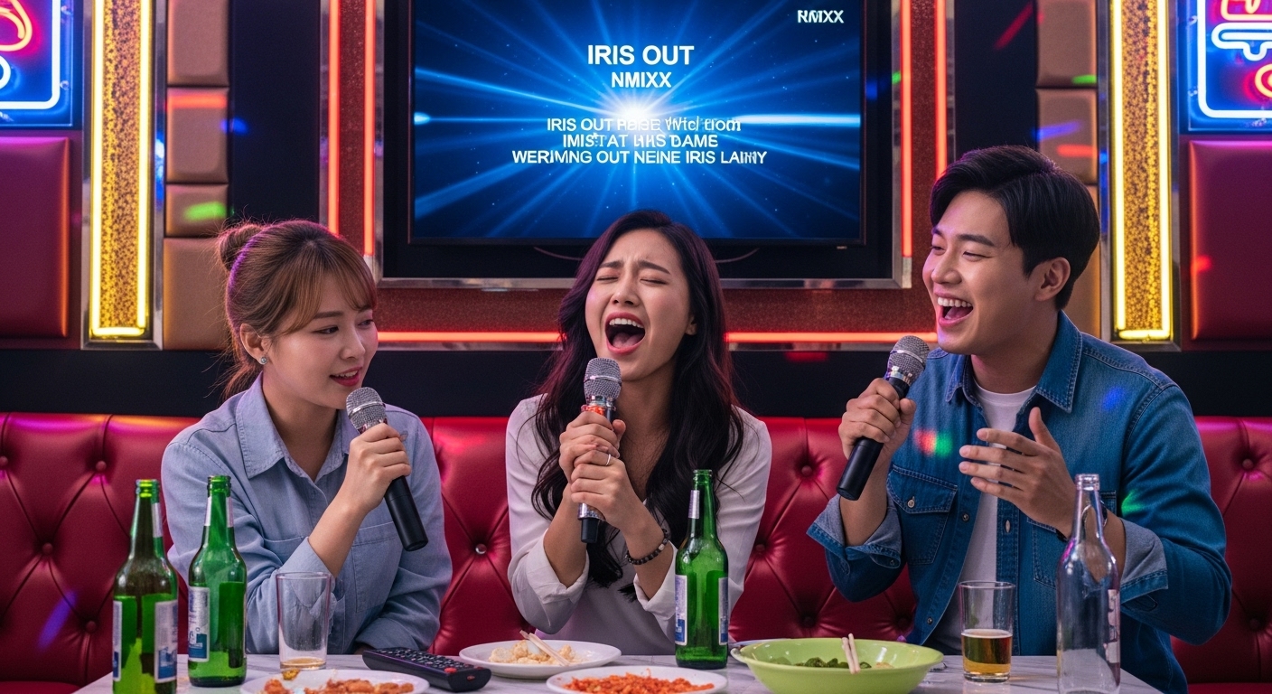 젊은 사람들이 노래방에서 마이크를 들고 열정적으로 '아이리스 아웃'을 부르는 모습