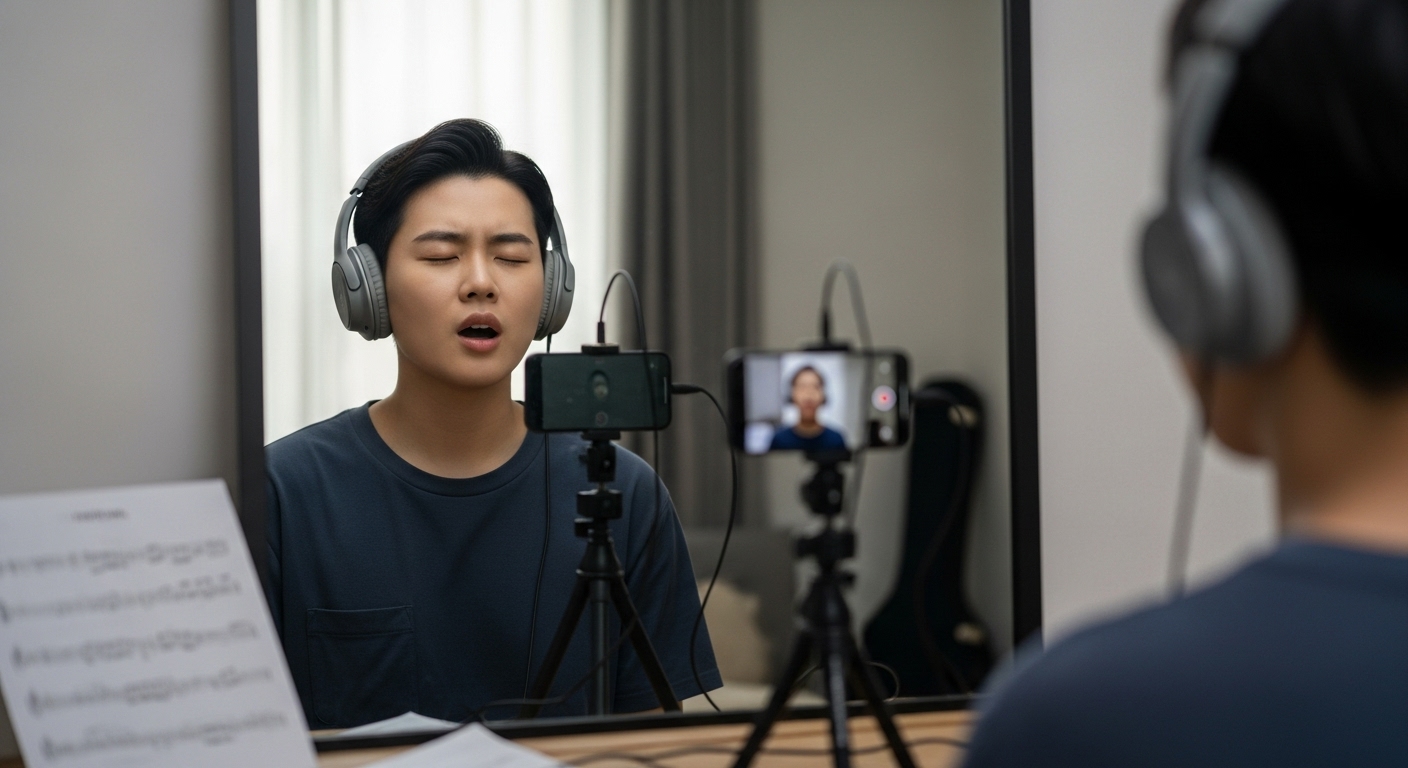 거울 앞에서 헤드폰을 끼고 녹음하며 노래 연습하는 모습