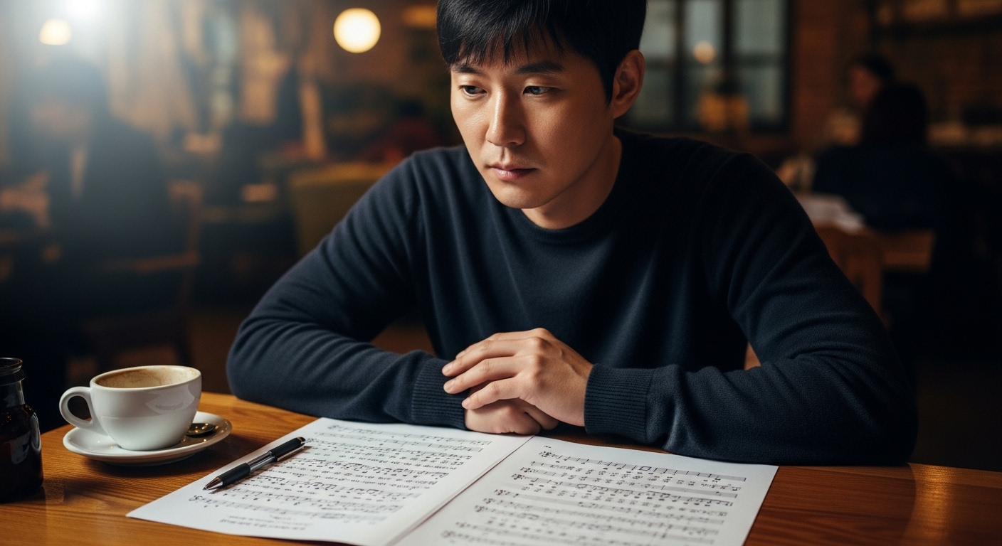 카페 테이블에서 악보를 보며 가사를 생각하는 남자의 모습