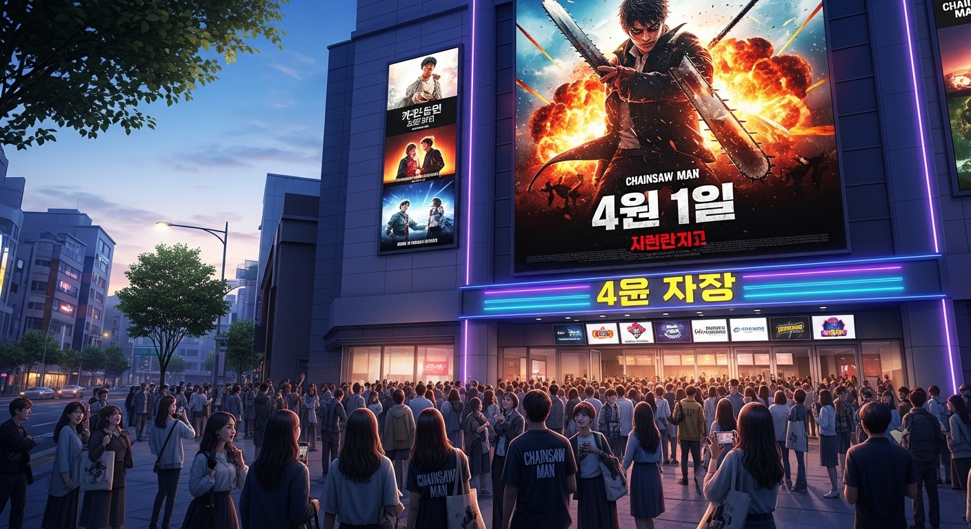 체인소맨: 레제편 영화 포스터가 걸린 한국 영화관 앞에 모여드는 팬들