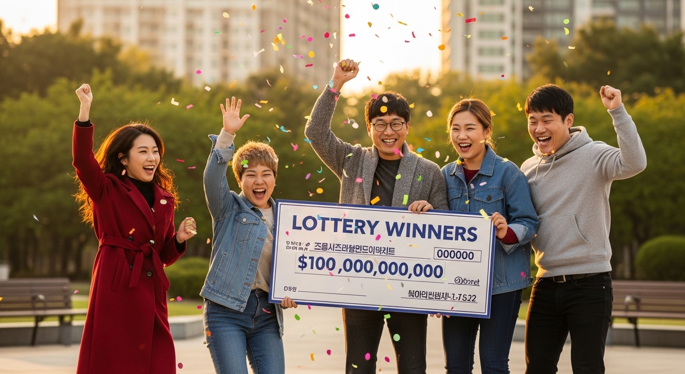 다양한 네 명의 한국인들이 복권 당첨을 축하하는 장면