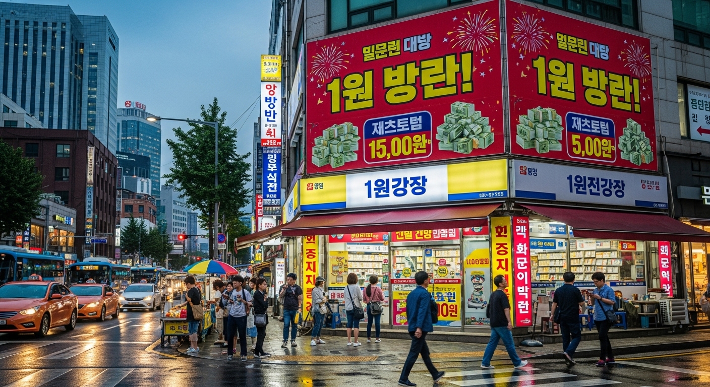 서울의 번화한 거리 모퉁이에 있는 작은 복권 가게 모습