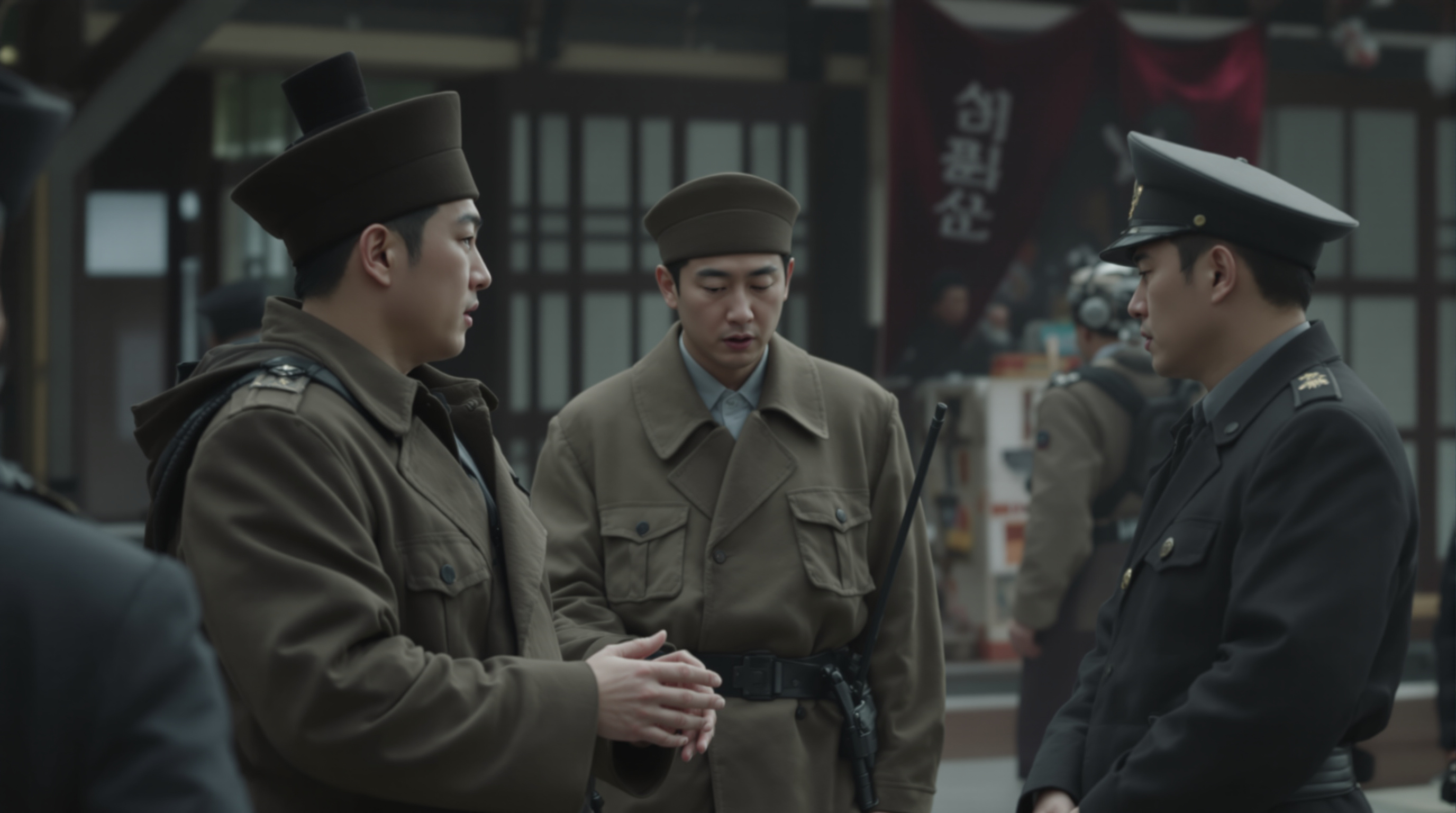 김종수와 이광수가 캐릭터 의상을 입고 복잡한 범죄 플롯을 논의하는 현장의 모습