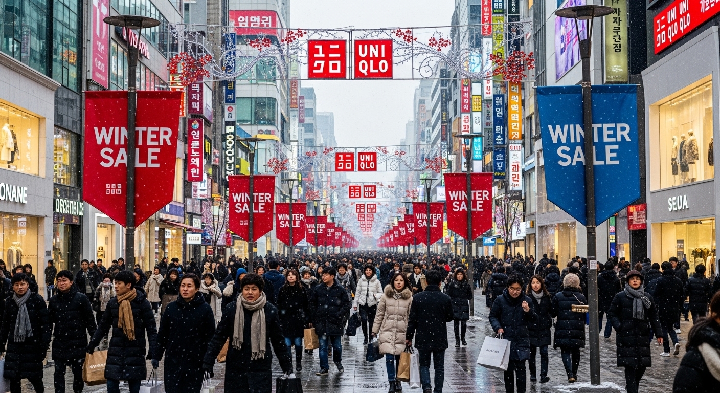 겨울 쇼핑 분위기가 물씬 나는 한국 도시 거리에서 유니클로 배너가 걸려 있는 모습