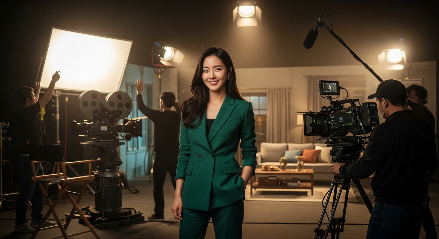 영화 세트장에서 카메라와 스태프들 사이에 서 있는 현대 여배우