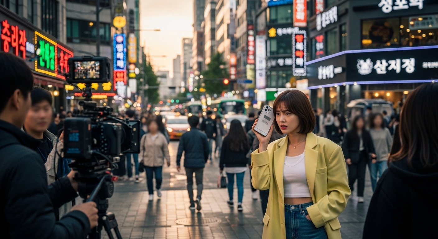 서울 거리에서 웹드라마 촬영 중인 젊은 여배우