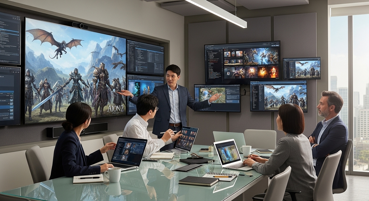 한국 개발자들이 회의실에서 글로벌 출시에 대해 논의하는 모습