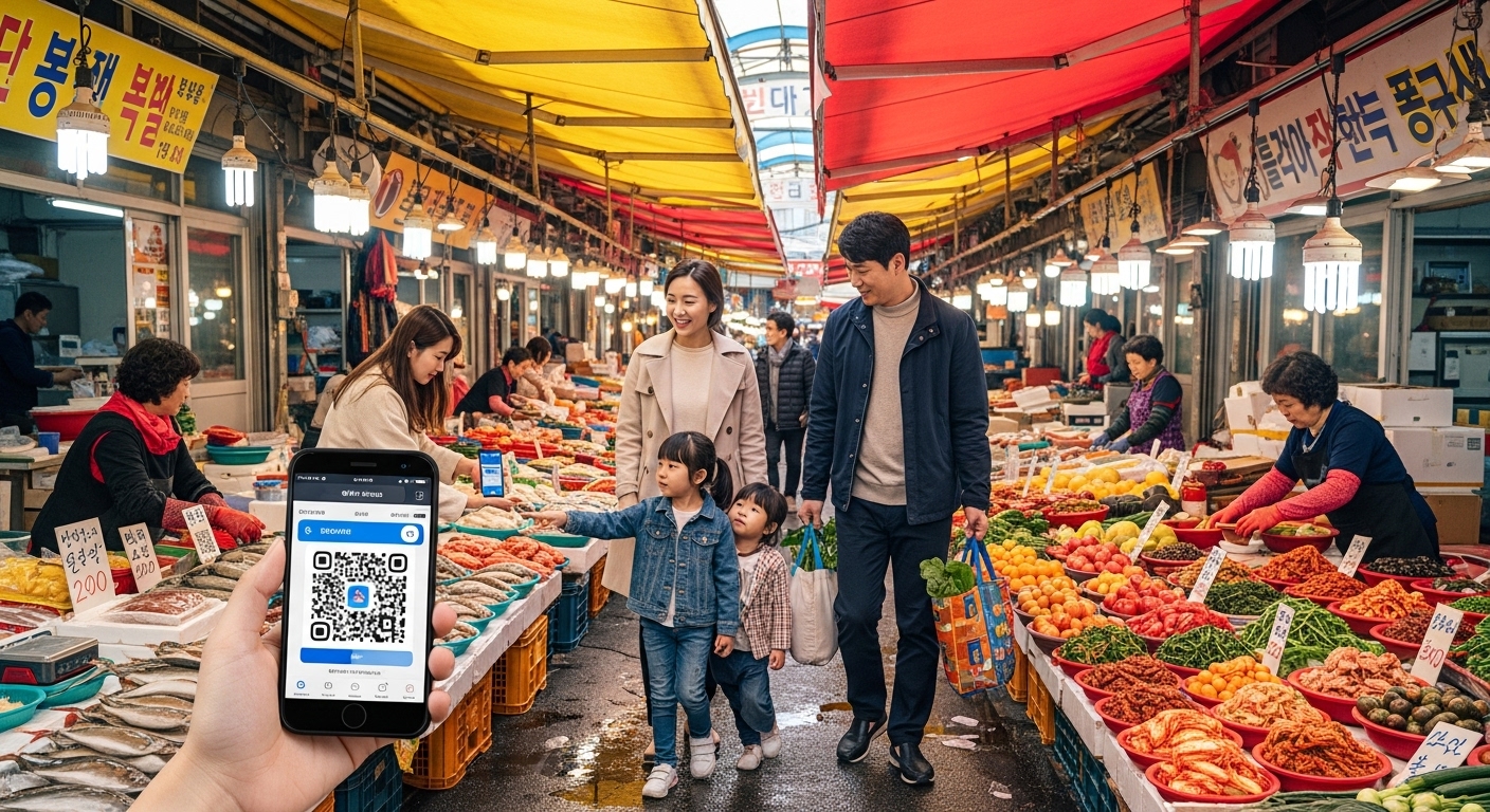 전통시장에서 모바일 앱을 통해 결제하는 한국 가족