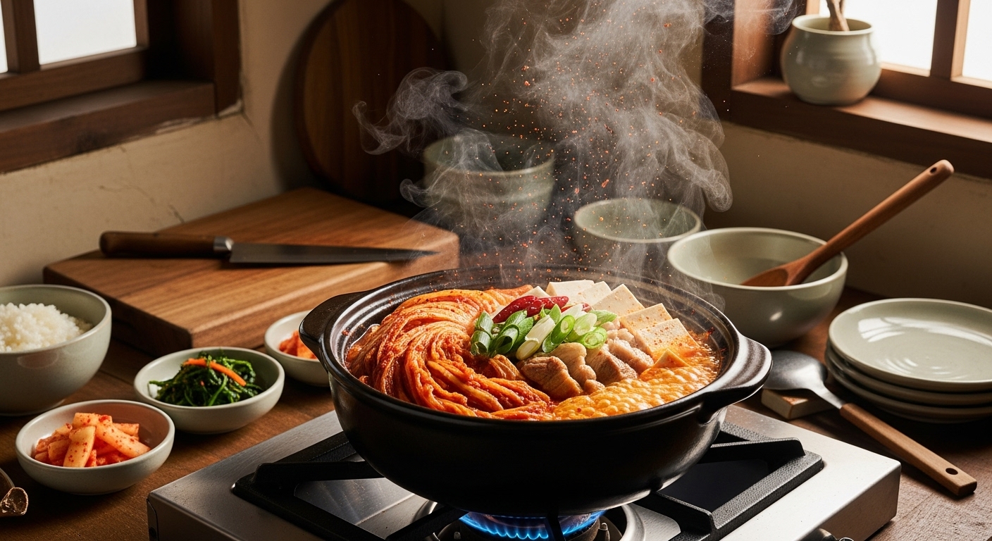 전통적인 한국 주방에서 끓고 있는 묵은지로 만든 김치찌개