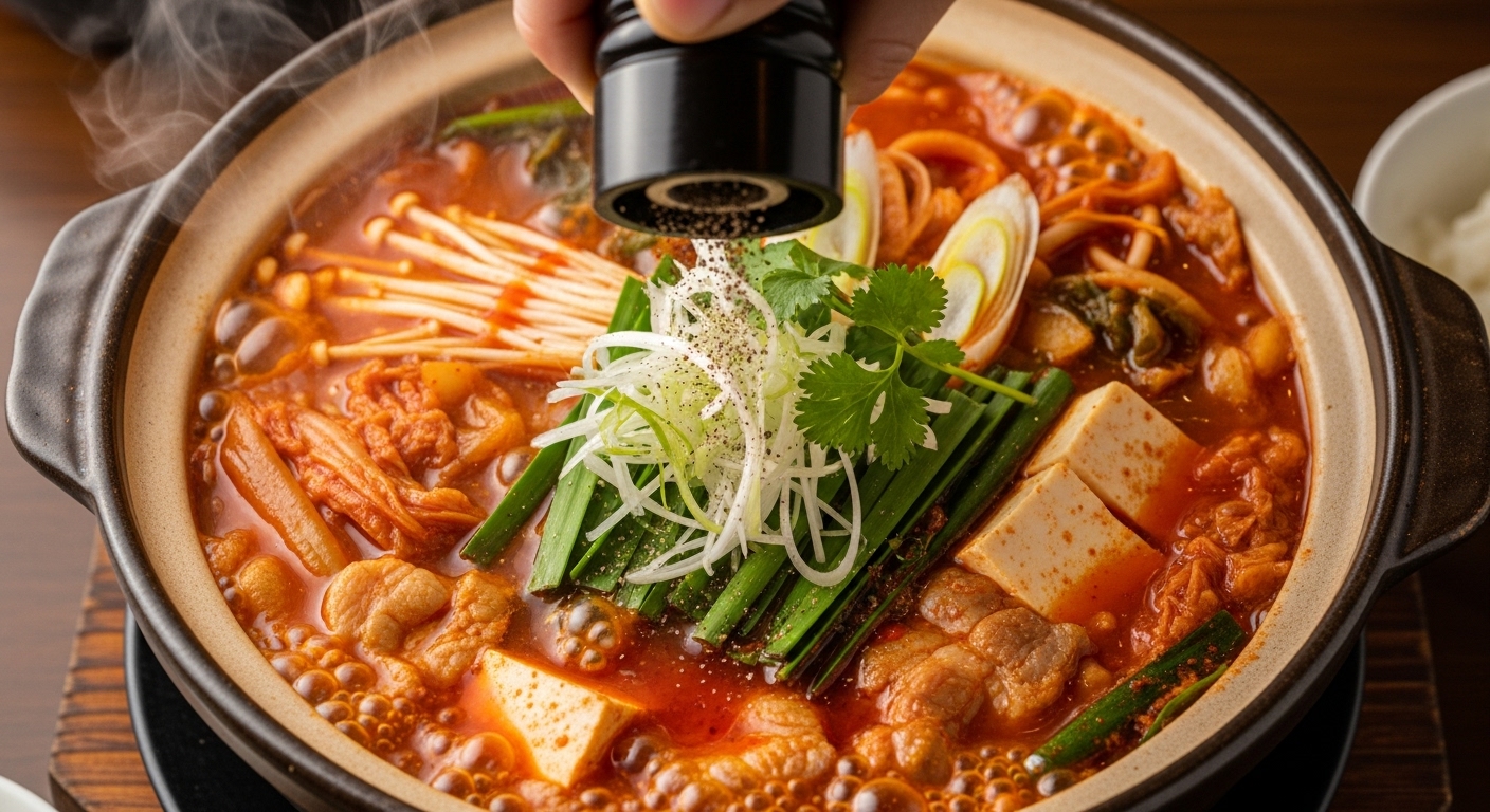 마지막으로 고명을 얹어 마무리하는 김치찌개 냄비