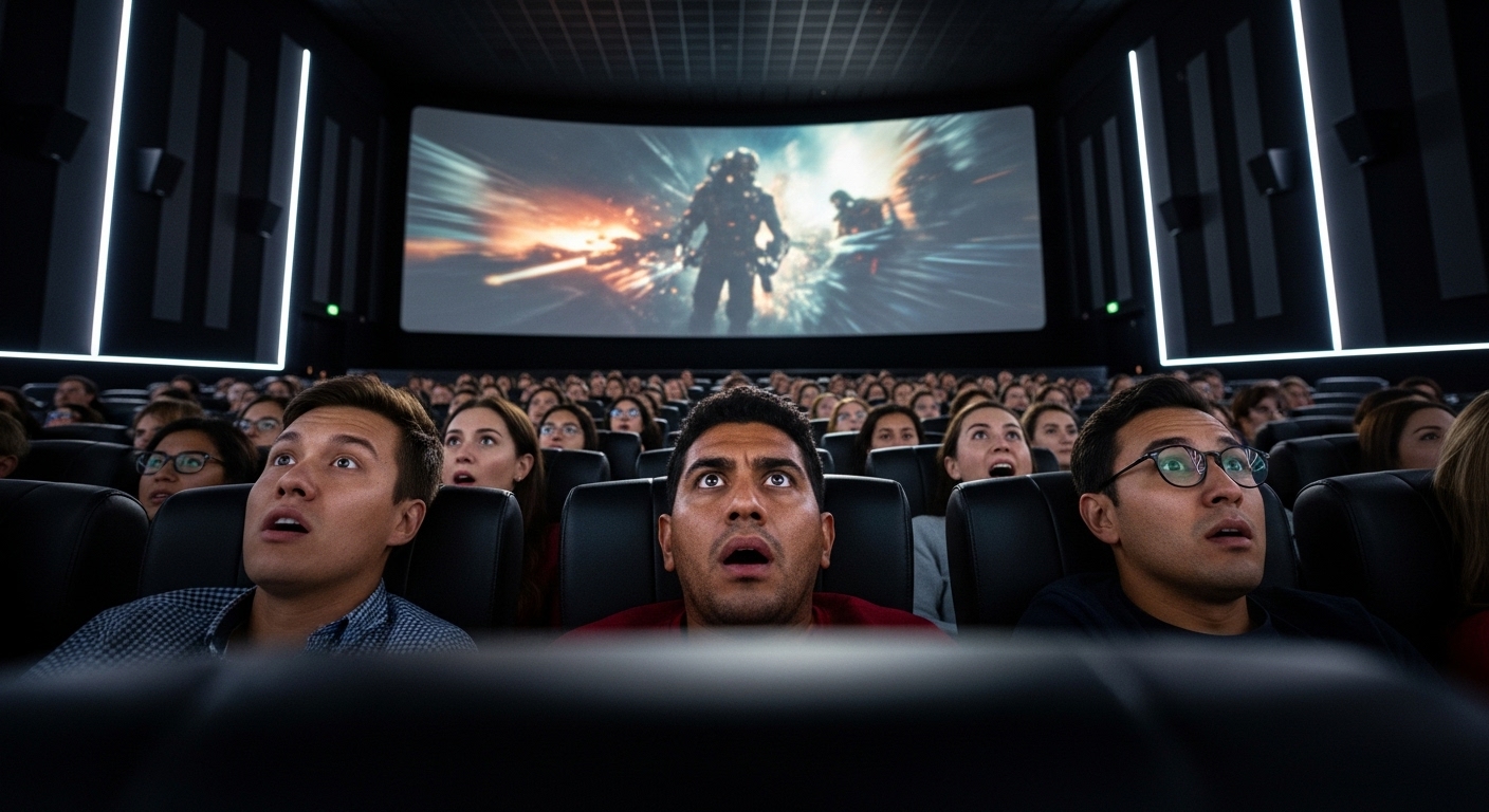 IMAX 화면 앞에서 영화에 몰입한 관객들의 모습