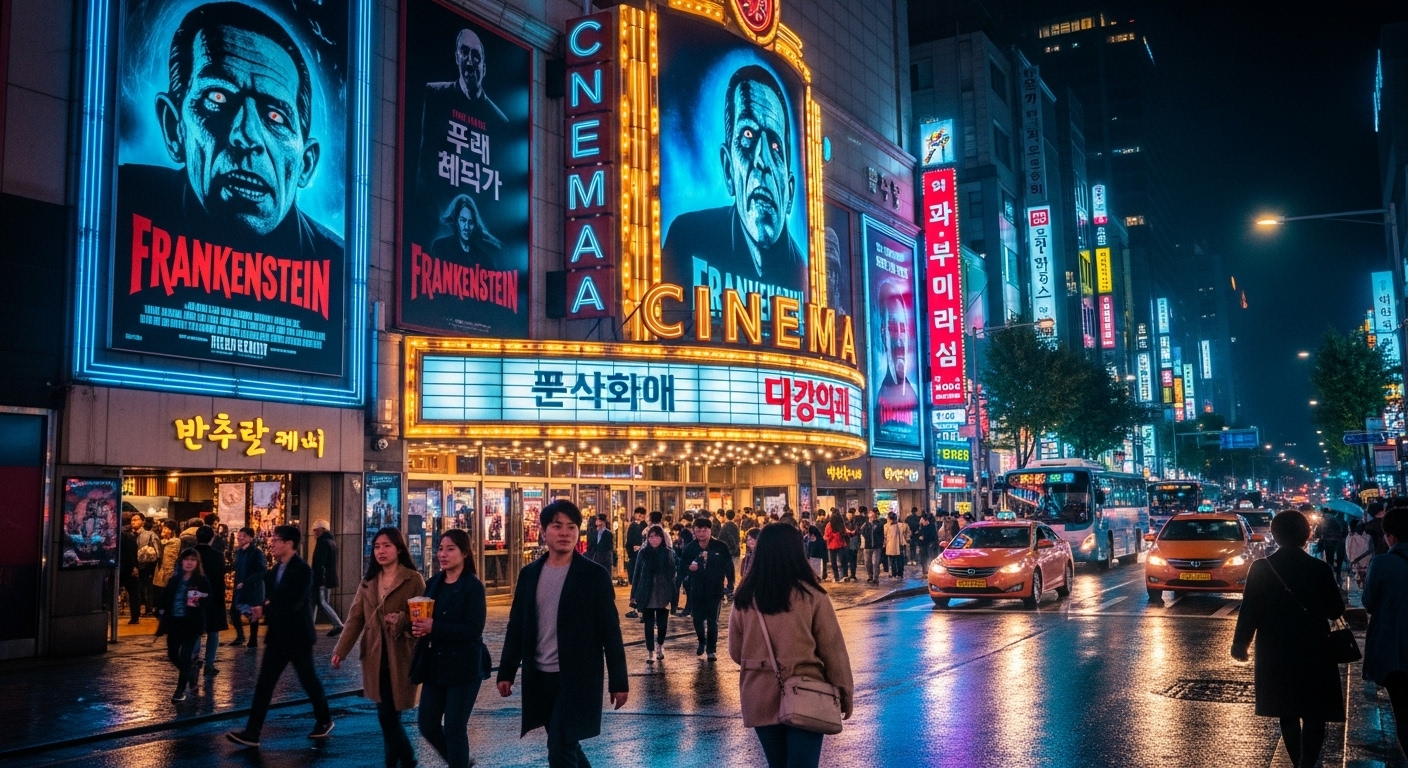 강남의 활기찬 영화관 앞에 붙은 영화 '프랑켄슈타인' 포스터와 네온 조명